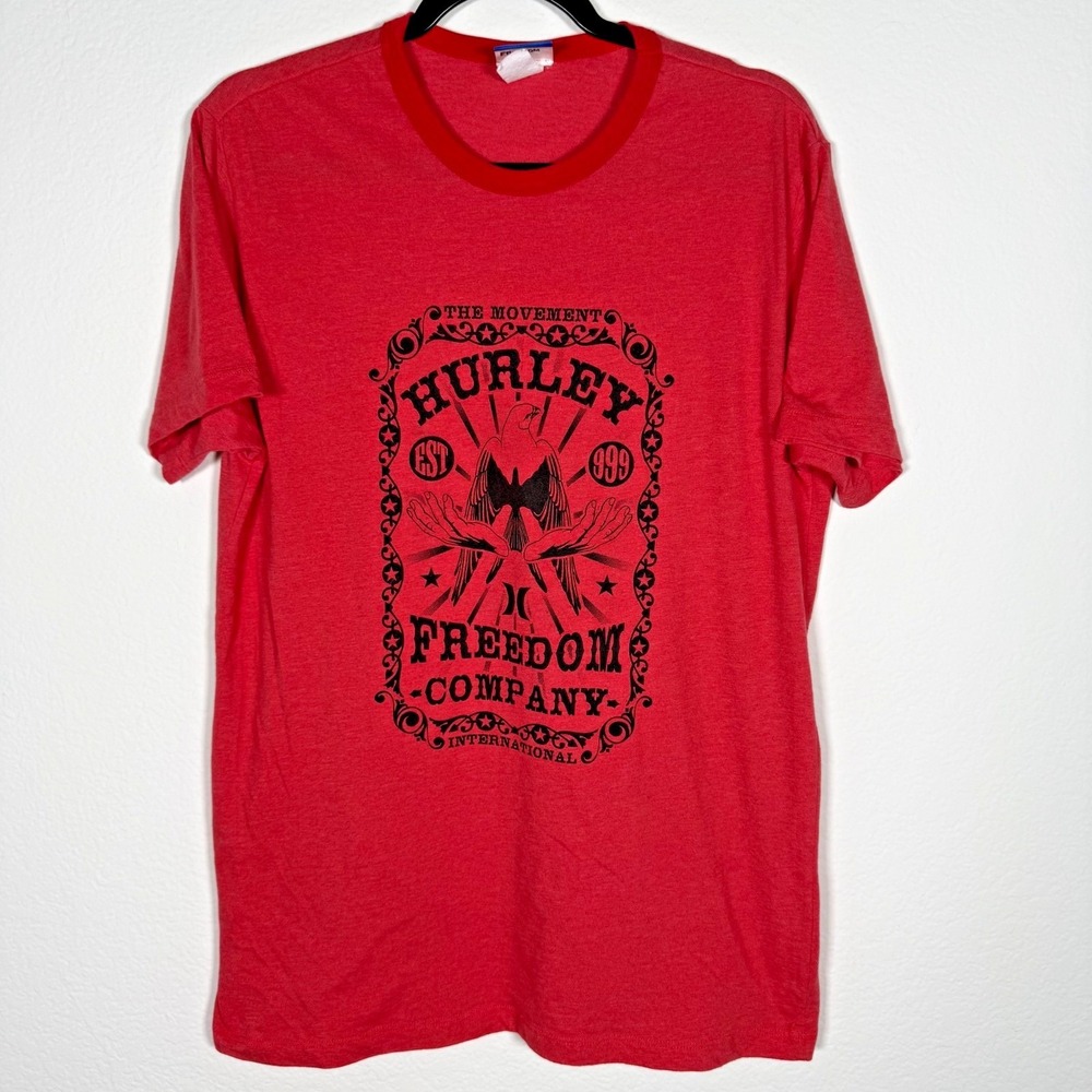 Hurley T-Shirt Mens Large Red Freedom Company Graphic Ringer Tee